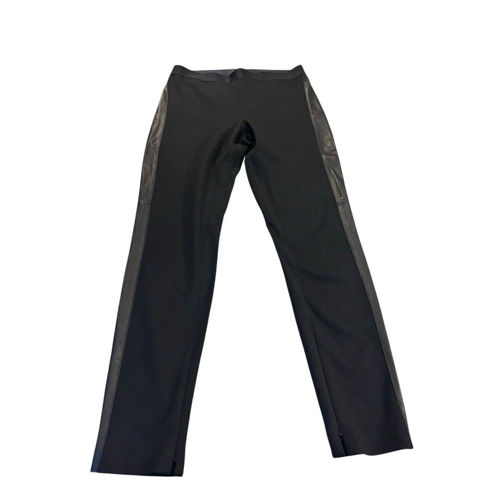 ELIE TAHARI Black Knit Pants Leggings Lamb Leather Trim Medium Elastic Waist